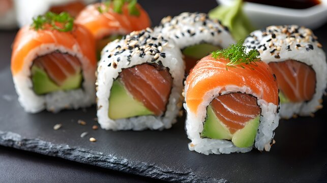 Side view of sushi rolls with salmon, avocado, and sesame seeds arranged neatly on a slate plate 