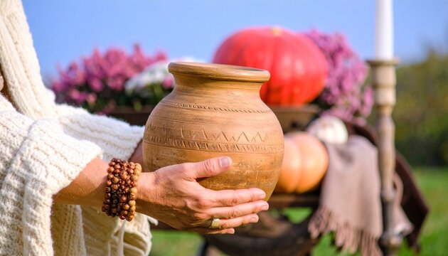 Person's hands gently holding a handcrafted rustic clay pot, surrounded by warm autumn harvest decorations. - Powered by Adobe