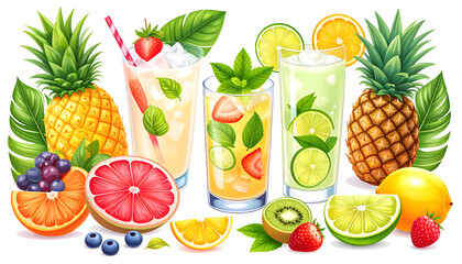 Colorful Assortment of Fresh Fruit and Refreshing Cocktails on White Background