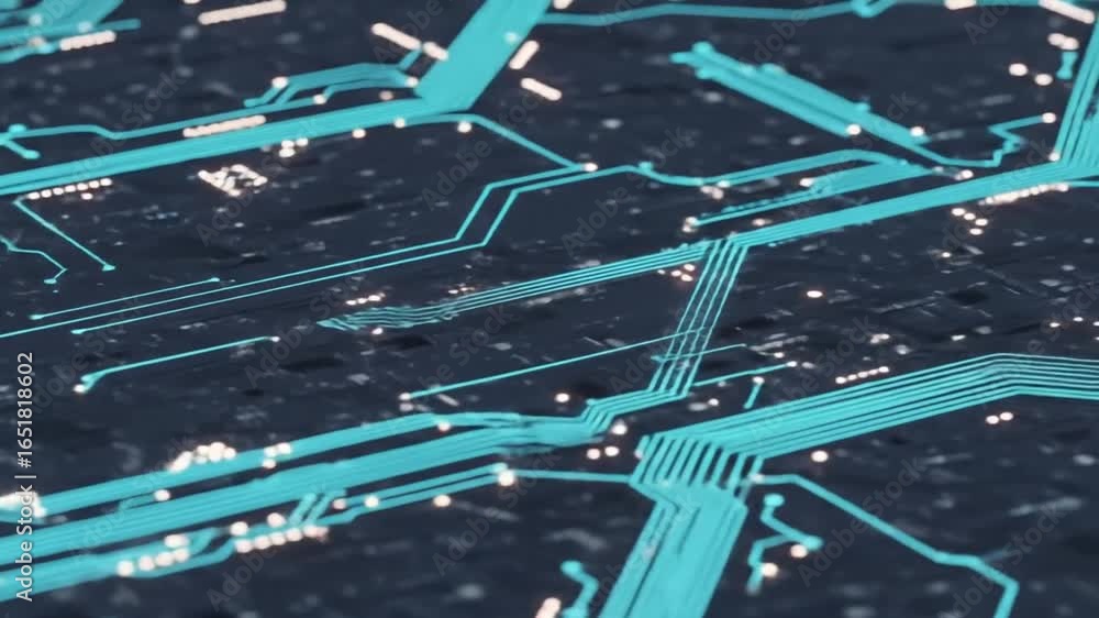 Poster close-up view of a circuit board with illuminated pathways and connections.