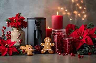 Moka Pot, Lit Red Candles, Gingerbread Cookies, and Christmas Decorations on Rustic Table