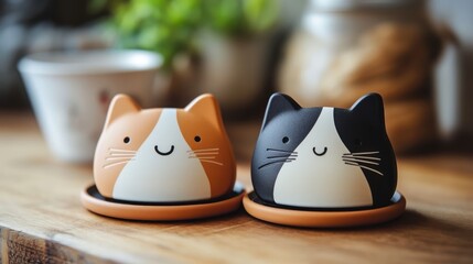 Adorable ceramic cat figures create a heartwarming ambiance on wood table