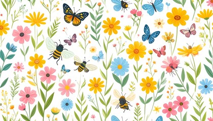 Whimsical Floral and Insect Illustration Featuring Bees, Butterflies, and Colorful Flowers