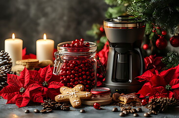Moka Pot, Lit Red Candles, Gingerbread Cookies, and Christmas Decorations on Rustic Table