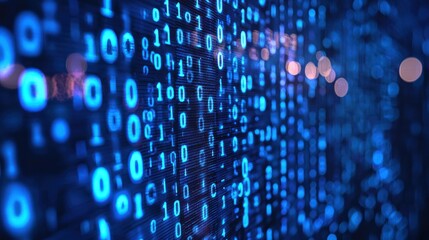 Binary code on a blue screen with glowing lights.