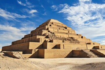 Stepped Ancient Ziggurat under Blue Sky
