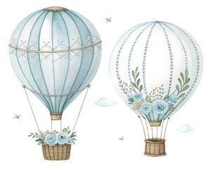 Charming watercolor illustration of two vintage hot air balloons adorned with delicate blue flowers and baskets against a white background