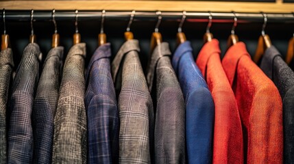 A rack of colorful blazers hanging on a wooden hanger.