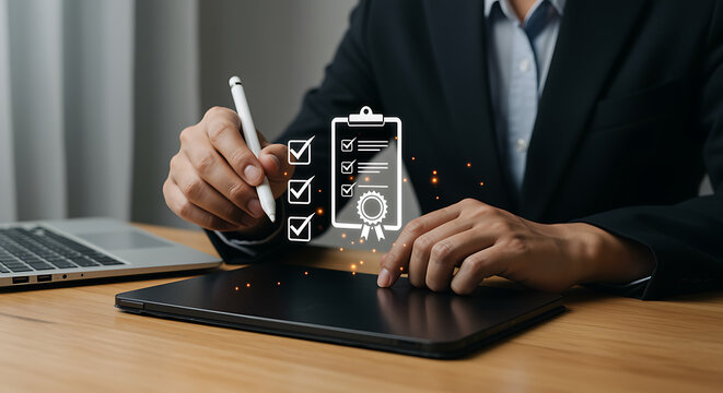 Concept of quality assurance and standards. Businessman working with a digital tablet, verifying a checklist for ISO certification and compliance.