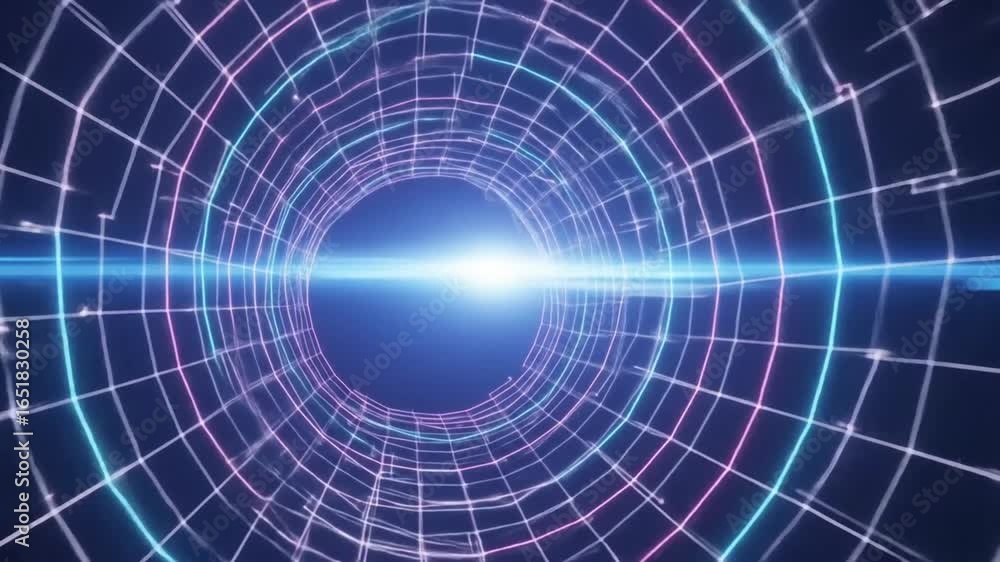 Poster a futuristic tunnel with a grid structure and a bright light at the end, creating a sense of depth a