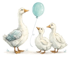Three charming white geese one adult and two goslings standing together with a light blue balloon on a white background