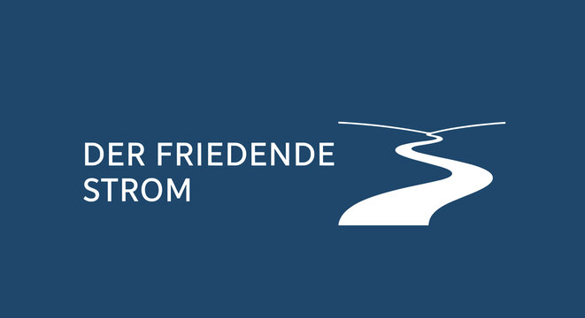DER FRIEDENDE STROM. Logo mit stilisiertem Fluss auf blauem Hintergrund. Konzept f&uuml;r Frieden, Vers&ouml;hnung und einen gemeinsamen Weg.