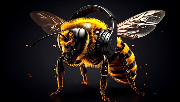 3D bee wearing headphones