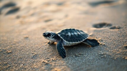 A baby turtle on a sandy beach at sunset.
