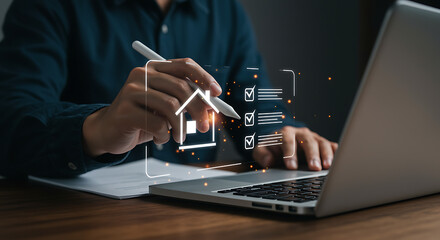 Home inspection Digital checklist with house icon on a laptop screen, business concept