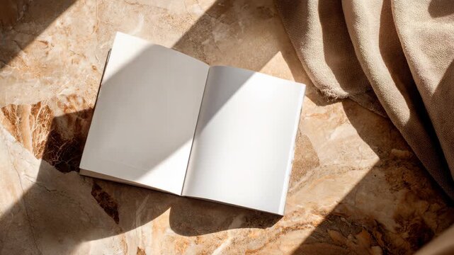 Gentle Turning of Blank Pages in a Book Bathed in Warm Sunlight on a Marble Floor