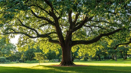 Fototapeta premium A large oak tree with green leaves in a park setting.