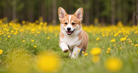 Corgi puppy running through flower field in forest clearing