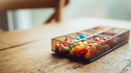Fototapeta premium Colorful capsules in a pill organizer on a wooden table, representing daily medication routine and health management for chronic conditions.