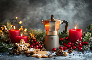 Moka Pot, Lit Red Candles, Gingerbread Cookies, and Christmas Decorations on Rustic Table