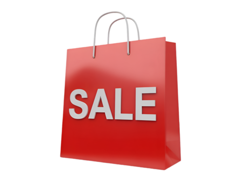 Red Sale Shopping Bag: A vibrant, photorealistic red shopping bag with the word SALE prominently displayed, offering a visual representation of retail discounts and savings. - Powered by Adobe