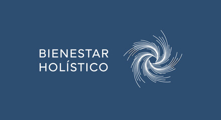 BIENESTAR HOLÍSTICO. Concepto de salud, equilibrio y energía con símbolo abstracto en espiral sobre fondo azul.