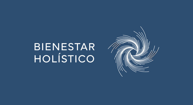BIENESTAR HOL&Iacute;STICO. Concepto de salud, equilibrio y energ&iacute;a con s&iacute;mbolo abstracto en espiral sobre fondo azul.