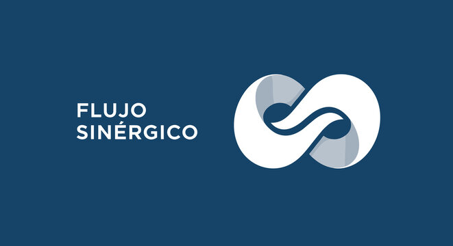 FLUJO SIN&Eacute;RGICO. Logotipo de s&iacute;mbolo de infinito estilizado sobre fondo azul. Concepto de conexi&oacute;n, continuidad y sinergia para negocios y tecnolog&iacute;a.