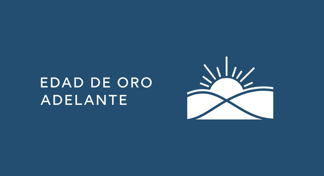 EDAD DE ORO ADELANTE. Logotipo para la tercera edad con sol naciente sobre colinas.