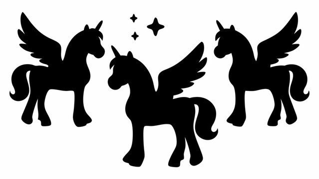 Three unicorns with wings in black silhouette and three stars in the middle of the unicorns image | editable eps vectors
