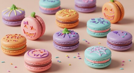 Obraz premium halloween neon-themed macaron pumpkins on pastel background for a joyful halloween celebration