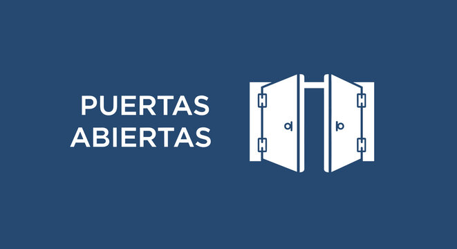 PUERTAS ABIERTAS. Icono de dos puertas abri&eacute;ndose. Concepto de oportunidad, bienvenida y acceso. Ilustraci&oacute;n vectorial minimalista.