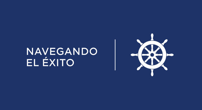 Navegando el exito. Concepto de liderazgo, direccion y estrategia empresarial con un timon de barco. Ilustracion vectorial sobre fondo azul.