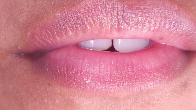 Close up Macro of Indian teenage girl lips doing various types of expressions. lift, Frown, grimace, moue, scowl, pout, Kiss, smooch, smack, peck, graze, caress, skim