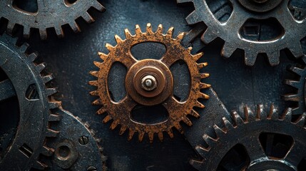 A rusty, old, and weathered metal gear wheel with a central bolt and a series of smaller gears surrounding it, set against a dark, industrial background.