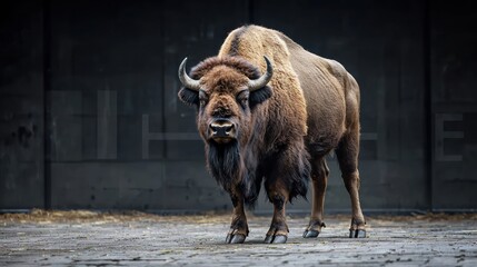 A majestic bison stands in a dark, enclosed space, its massive form dominating the scene.