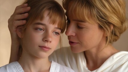 A short-haired woman in a white robe, standing beside her blonde mother with brown eyes and bangs - Powered by Adobe