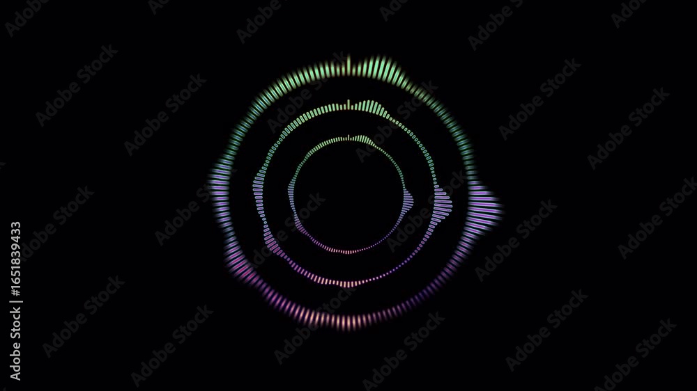 Poster circular audio spectrum waveform animation on black background, audio voice equalizer waves animated
