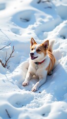 Modern Dog Playing Snowy Winter Landscape