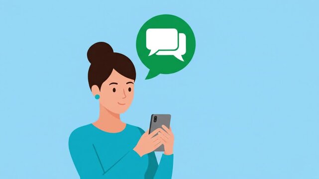 Animated woman using smartphone with chat bubble icon representing online messaging communication social media conversation and digital connection