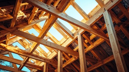 A wooden roof structure with beams and rafters against a clear blue sky.