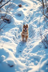 Modern Dog Playing Deep Winter Snow Isometric View