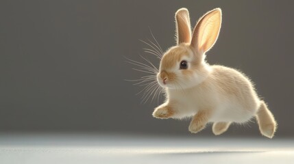 Obraz premium A cute, fluffy rabbit leaping in mid-air against a plain background.