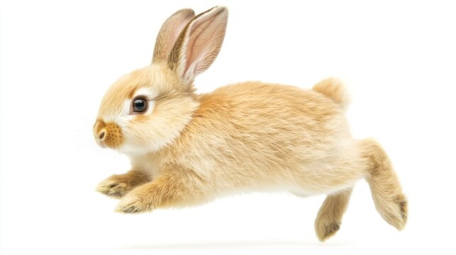 A small, brown rabbit running on a white background.