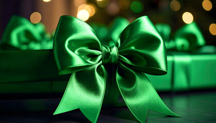 Close Up Of Green Satin Ribbon Bow And Wrapped Gift Boxes Against Bokeh Background