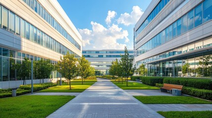Two modern office buildings with glass windows and greenery in the courtyard.
