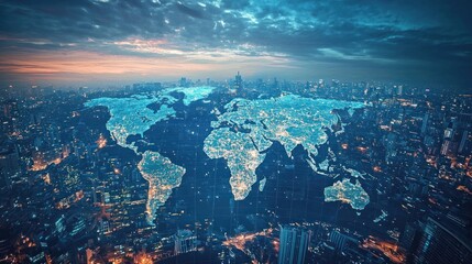 A cityscape with a world map overlay at sunset, featuring glowing cities and a blue sky with clouds.