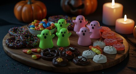 Fototapeta premium halloween spooky dessert board with neon marshmallow ghosts for a joyful halloween celebration