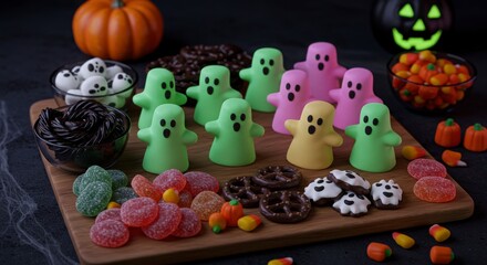 halloween spooky dessert board with neon marshmallow ghosts for a joyful halloween celebration