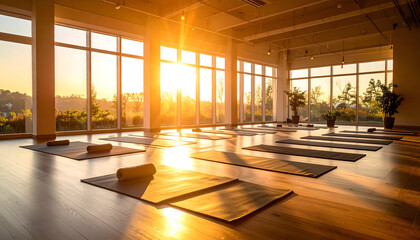 Spacious Yoga Studio Interior with Golden Sunlight Streaming Through Large Windows Creating a Serene Atmosphere